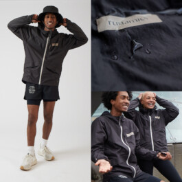runamics OrganicShade lookbook: full look, label detail and two runners laughing 